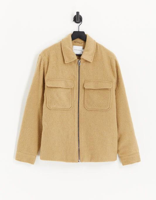 Topman brushed shacket in camel with wool