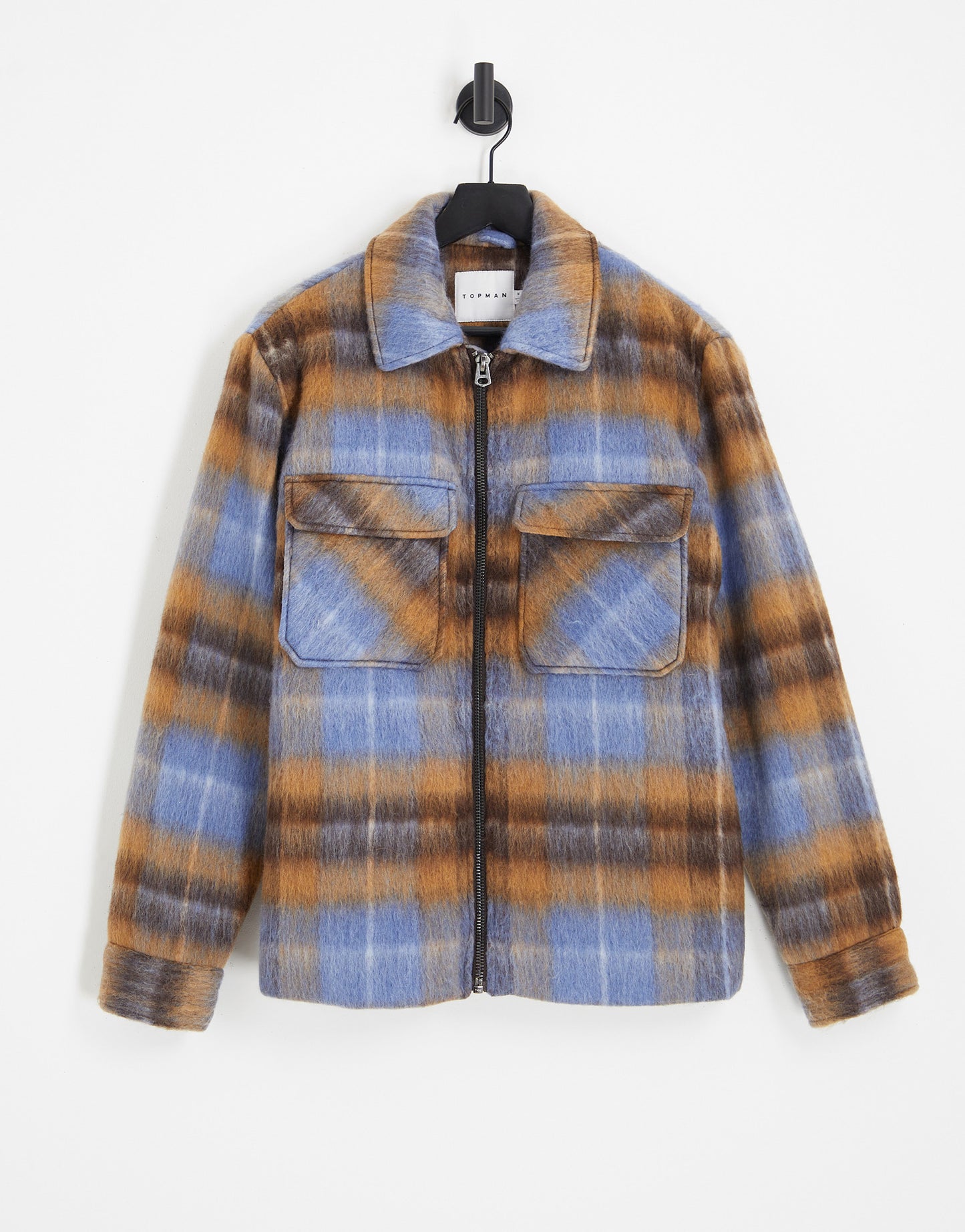 Topman wool blend shacket in blue and brown check