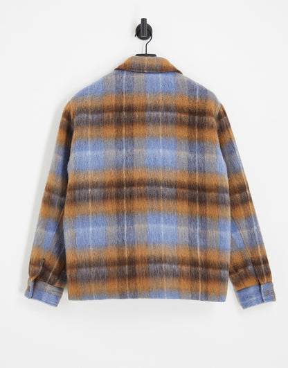 Topman wool blend shacket in blue and brown check