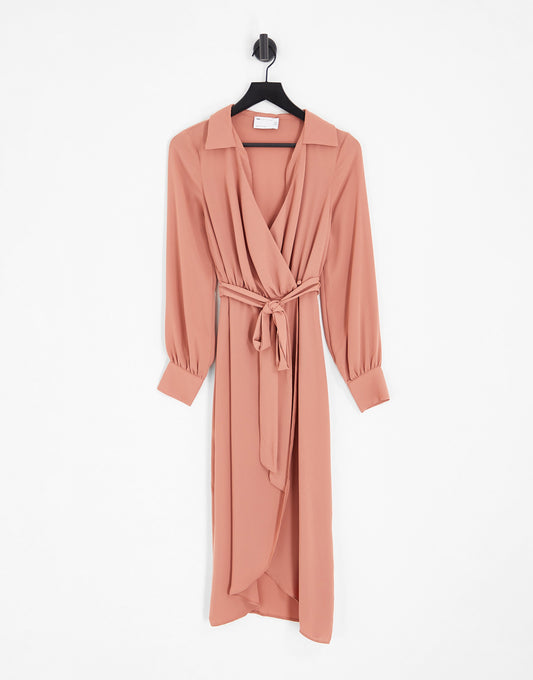 ASOS DESIGN collared wrap midi dress with tie belt in terracotta