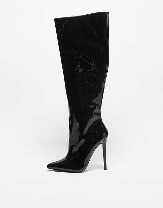 ASOS DESIGN Carly high-heeled pull on knee boots in black patent