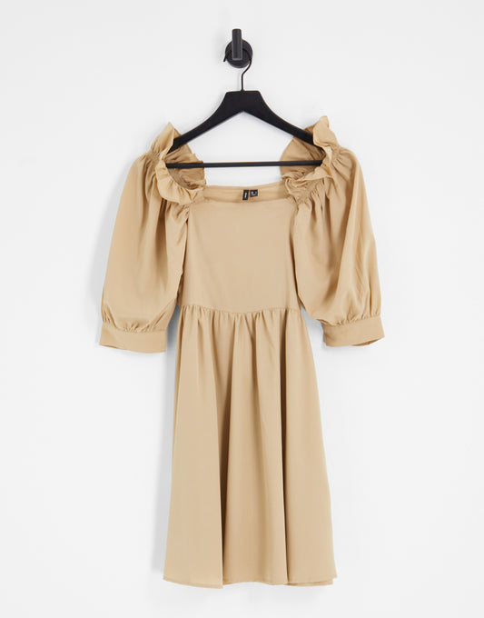 Vero Moda puff sleeve smock dress in camel