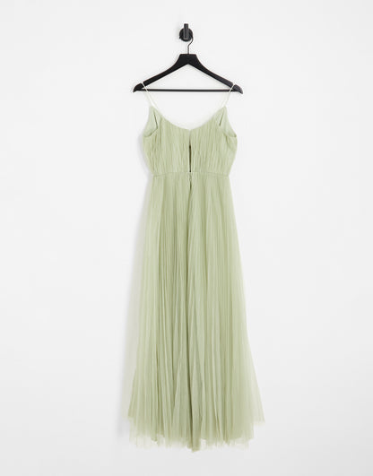 ASOS DESIGN Bridesmaid cami pleated tulle maxi dress in sage