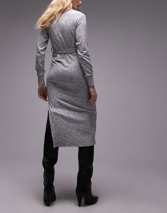 Topshop brushed rib roll neck midi dress in grey