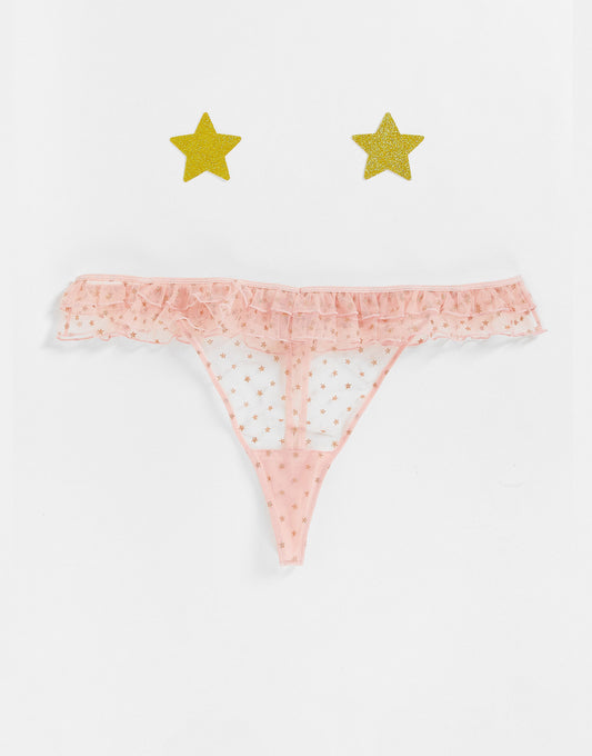 ASOS DESIGN Curve mesh glitter thong with bag in pink