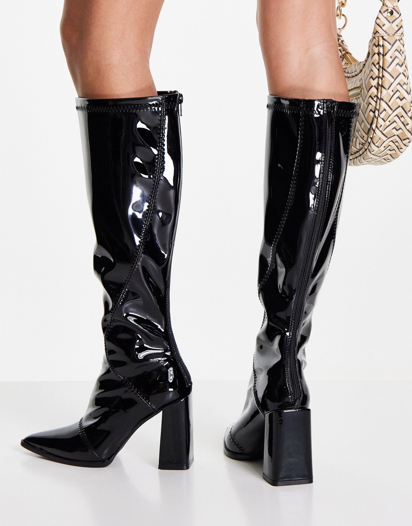 Glamorous Wide Fit block heel knee boot in black patent stretch