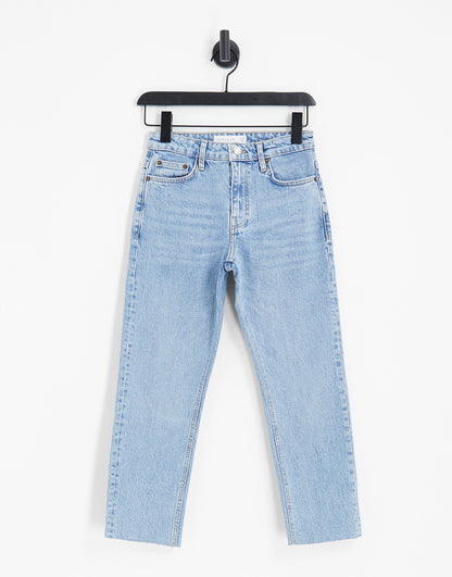 Topshop Petite straight jeans with raw hem in bleach