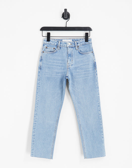 Topshop Petite straight jeans with raw hem in bleach