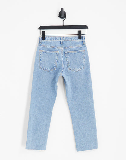 Topshop Petite straight jeans with raw hem in bleach