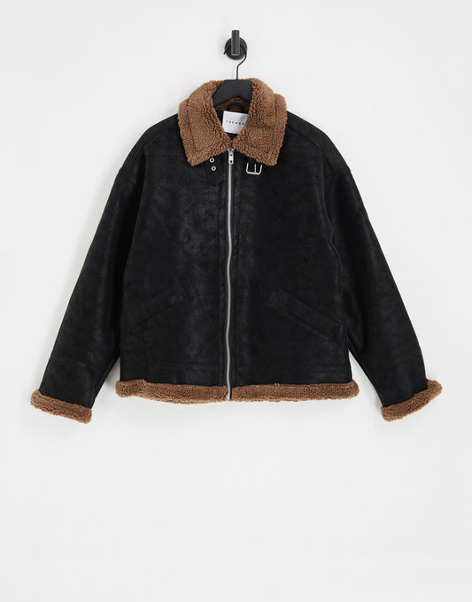 Topman faux shearling aviator jacket in black