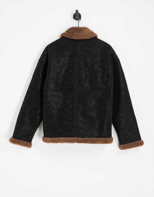 Topman faux shearling aviator jacket in black