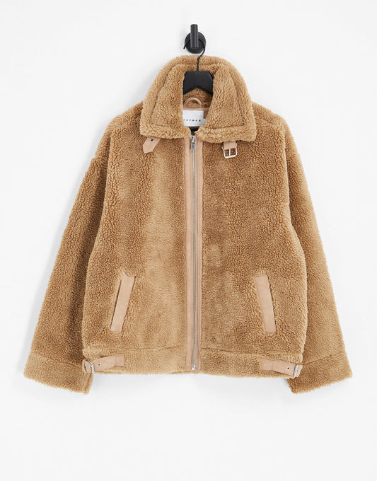 Topman faux shearling borg jacket in tan