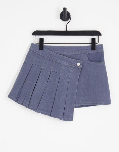 Labelrail x Lara Adkins asymmetric pleated low rise denim mini skirt in blue