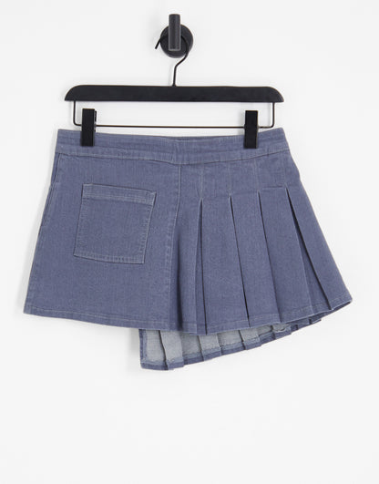 Labelrail x Lara Adkins asymmetric pleated low rise denim mini skirt in blue