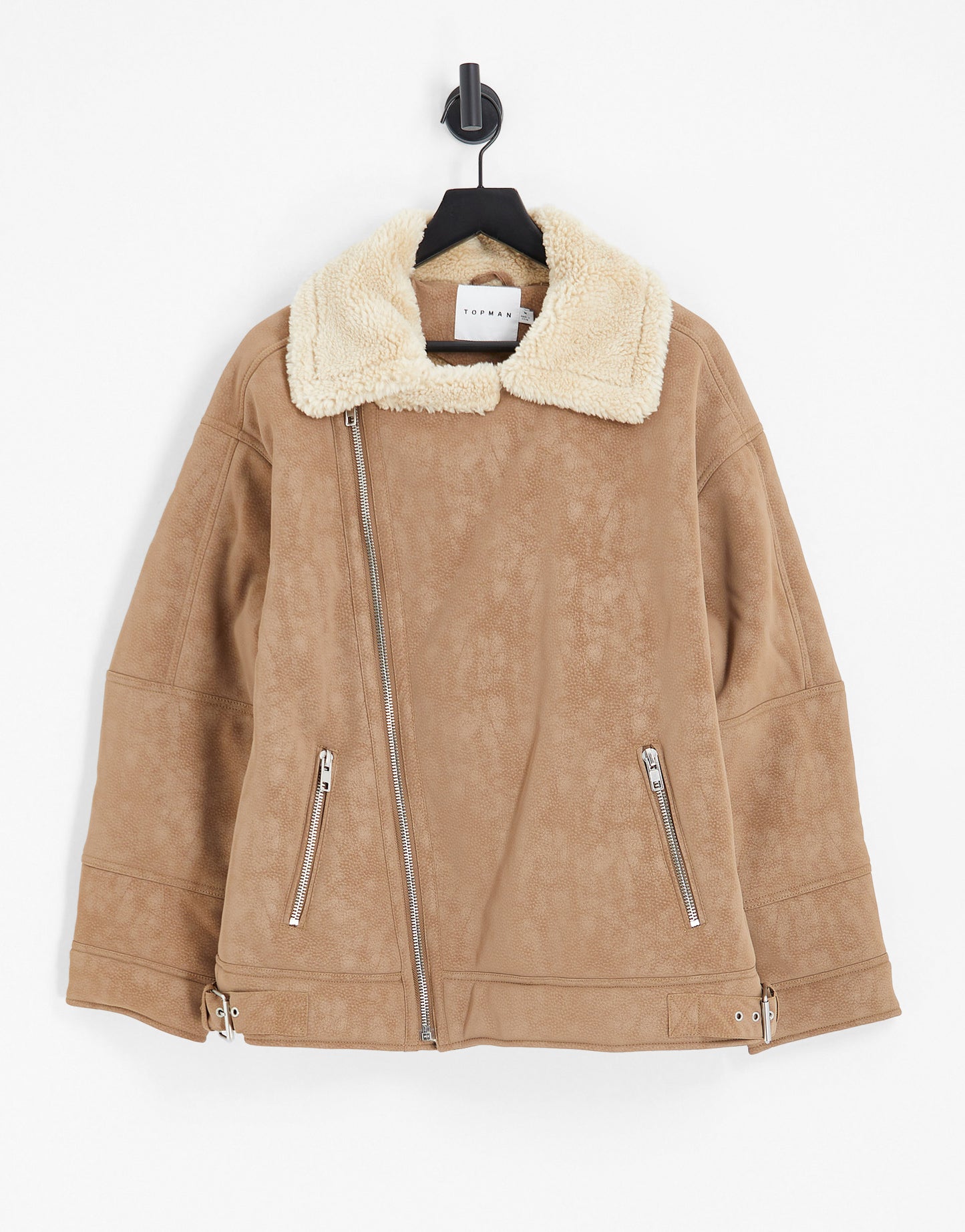 Topman faux shearling biker jacket in tan