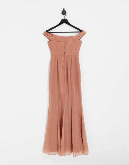 ASOS DESIGN Bridesmaid off shoulder maxi dress with corset detail