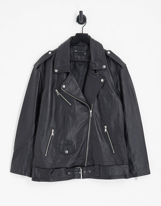 ASOS DESIGN oversized premium real leather biker jacket in black