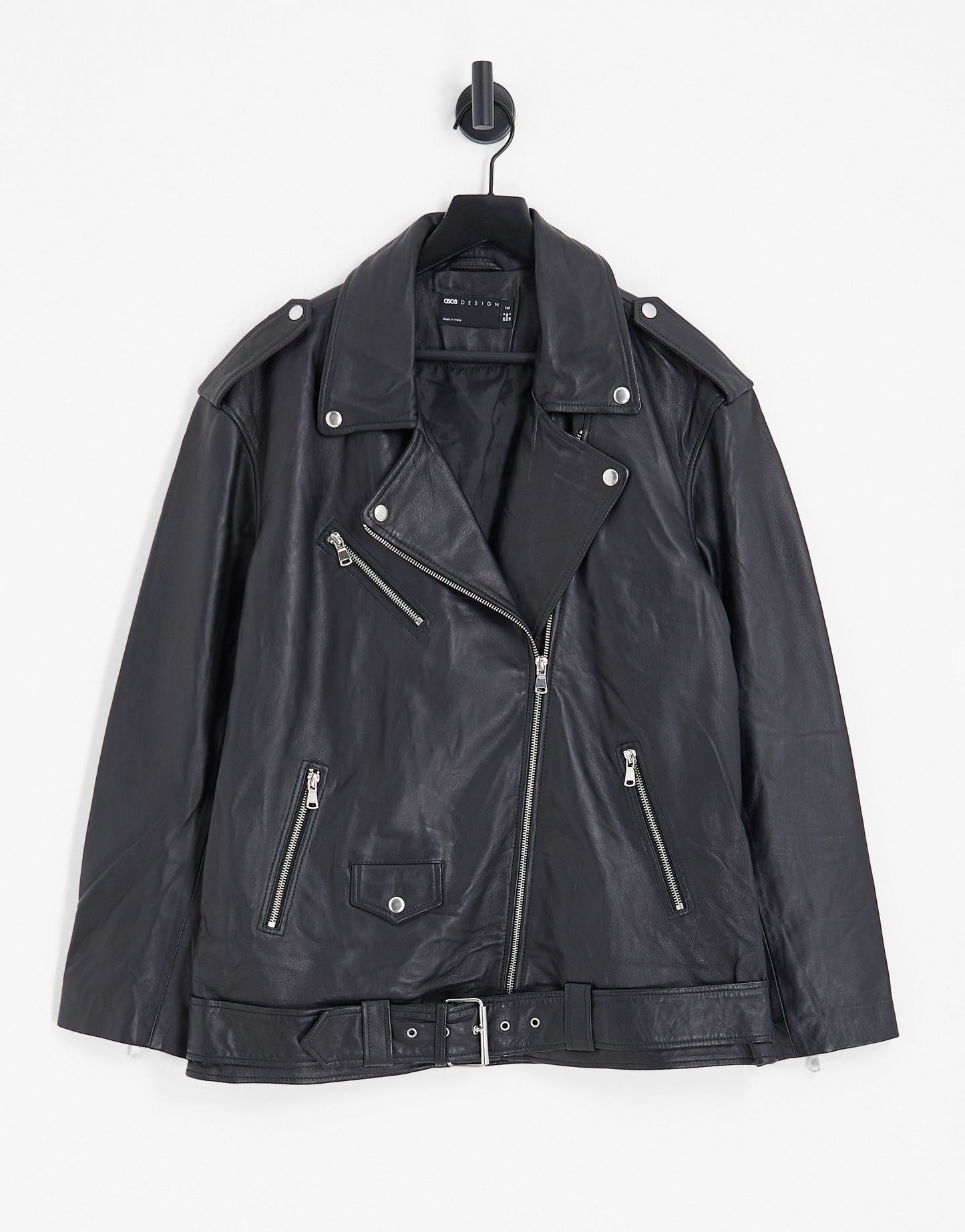 ASOS DESIGN Tall oversized premium real leather biker jacket in black