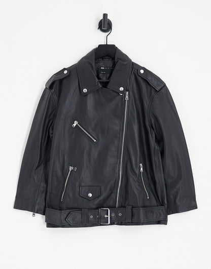 ASOS DESIGN Petite oversized premium real leather biker jacket in black