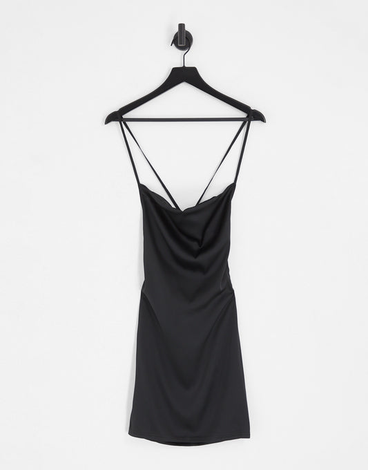 NaaNaa satin cowl neck mini dress with tie back detail in black