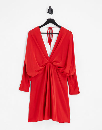 ASOS DESIGN Curve batwing satin mini dress with bias cut skirt and tie back in red