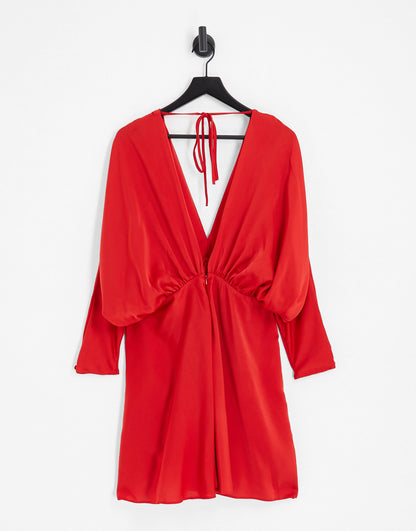 ASOS DESIGN Curve batwing satin mini dress with bias cut skirt and tie back in red