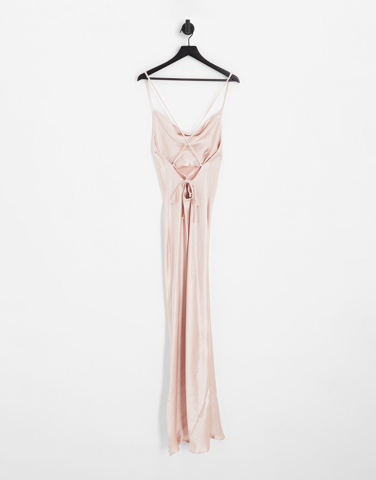 ASOS DESIGN Bridesmaid cami maxi slip dress in high shine satin with lace up back in blush