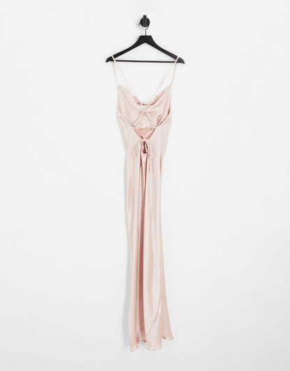 ASOS DESIGN Bridesmaid cami maxi slip dress in high shine satin with lace up back in blush