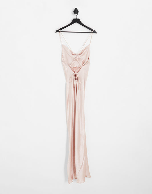 ASOS DESIGN Bridesmaid cami maxi slip dress in high shine satin with lace up back in blush