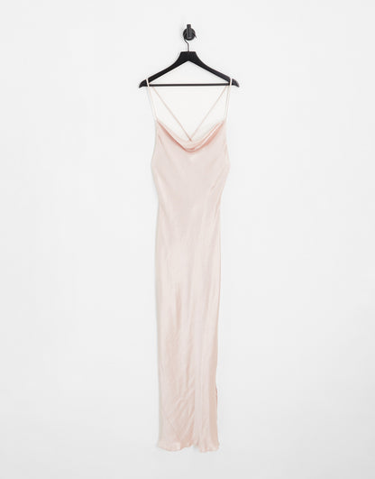 ASOS DESIGN Bridesmaid cami maxi slip dress in high shine satin with lace up back in blush