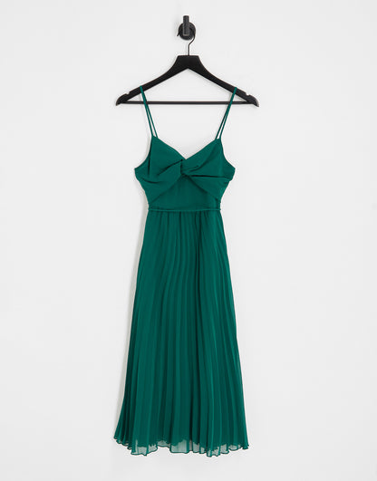 ASOS DESIGN twist front pleated cami midi dress with belt in forest green