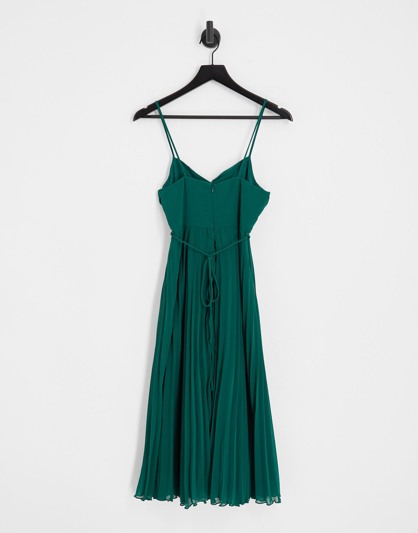 ASOS DESIGN twist front pleated cami midi dress with belt in forest green