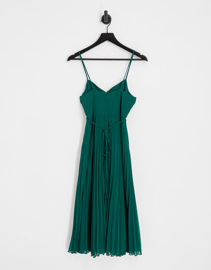 ASOS DESIGN twist front pleated cami midi dress with belt in forest green