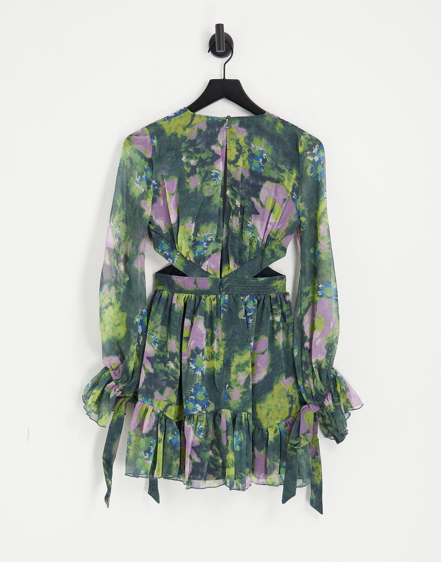 ASOS DESIGN tie front soft mini dress with cuff and waist detail in green floral print