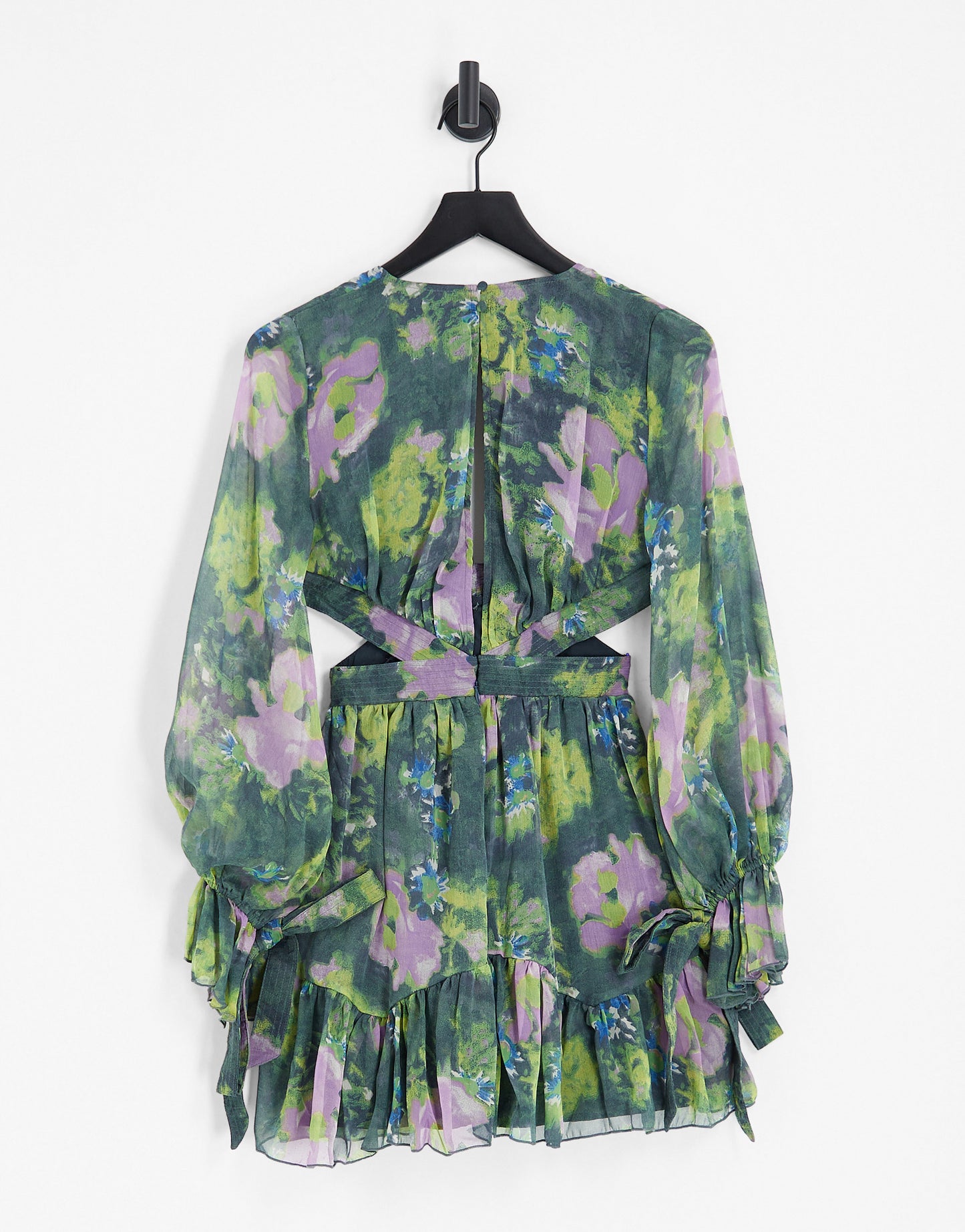 ASOS DESIGN tie front soft mini dress with cuff and waist detail in green floral print