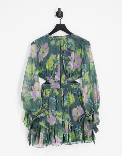 ASOS DESIGN tie front soft mini dress with cuff and waist detail in green floral print