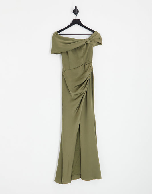 ASOS DESIGN Bridesmaid satin bardot drape wrap maxi dress in olive