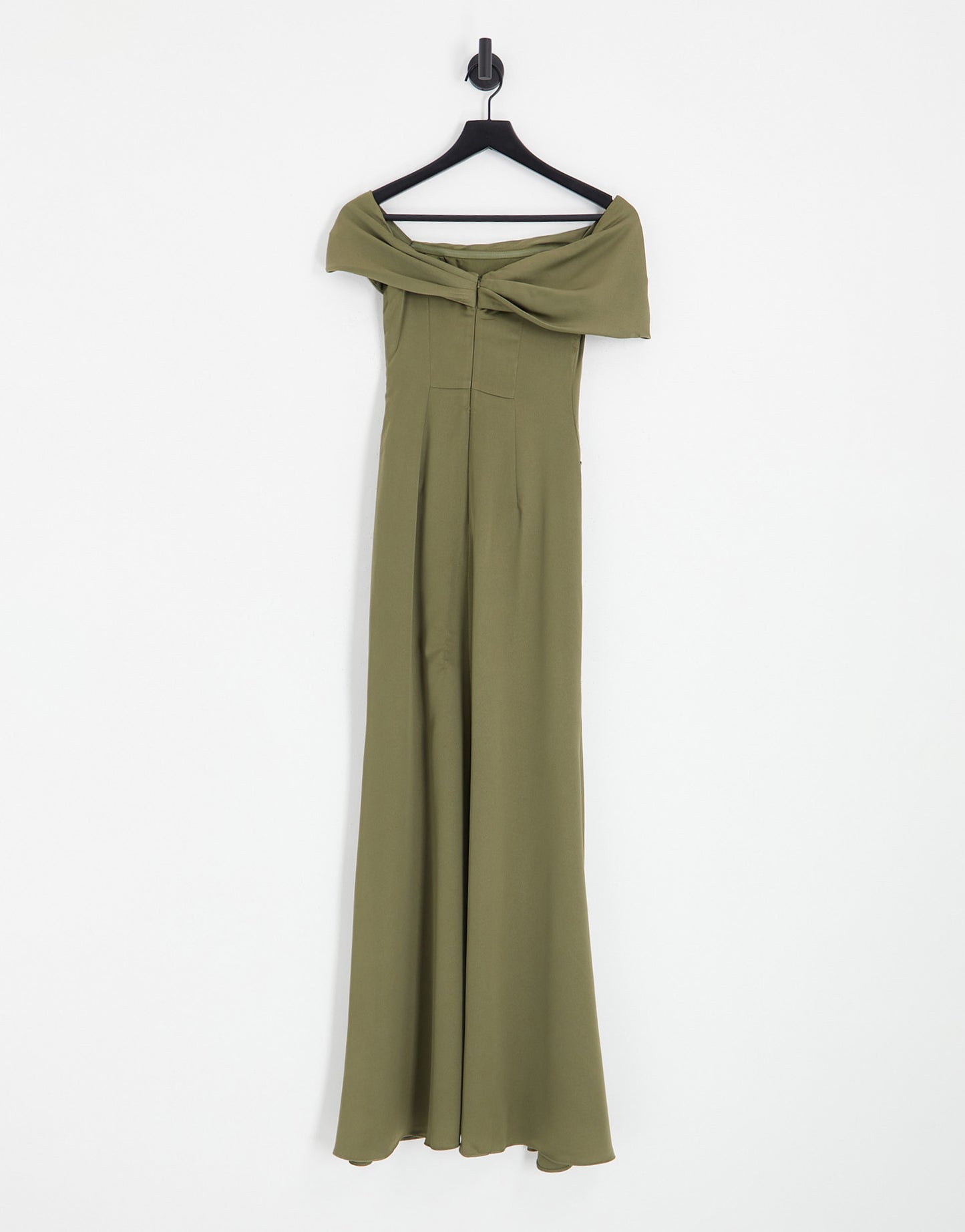 ASOS DESIGN Bridesmaid satin bardot drape wrap maxi dress in olive