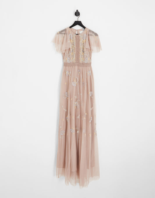 ASOS DESIGN Tall Bridesmaid pearl embellished flutter sleeve maxi dress with floral embroidery in rose