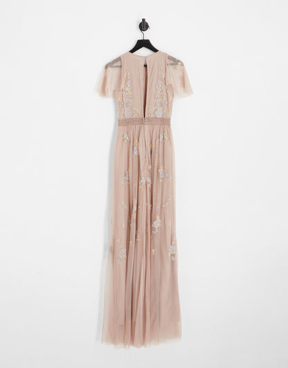 ASOS DESIGN Tall Bridesmaid pearl embellished flutter sleeve maxi dress with floral embroidery in rose