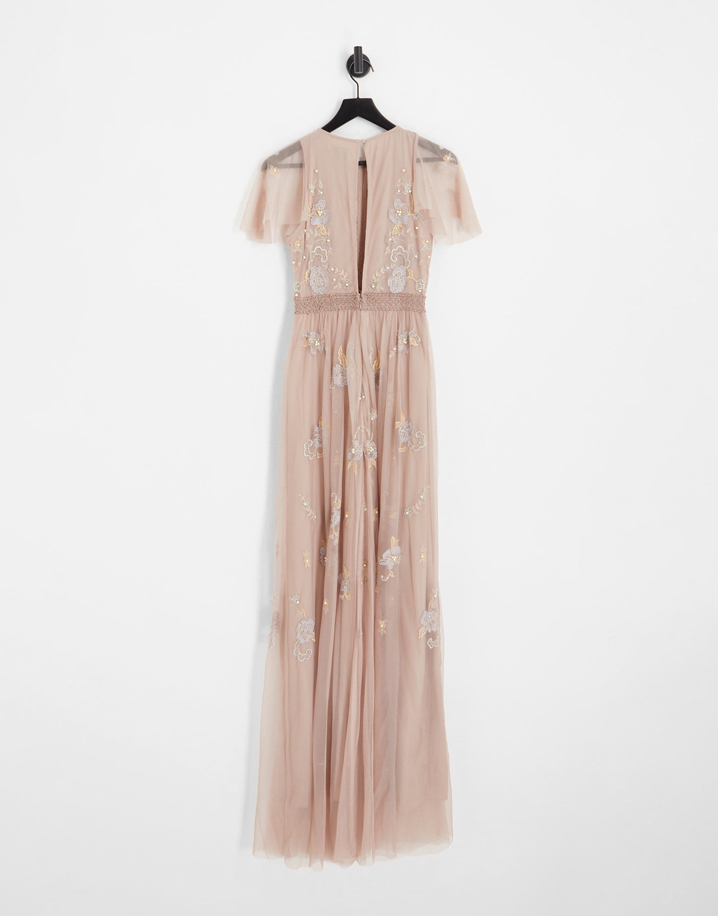 ASOS DESIGN Tall Bridesmaid pearl embellished flutter sleeve maxi dress with floral embroidery in rose