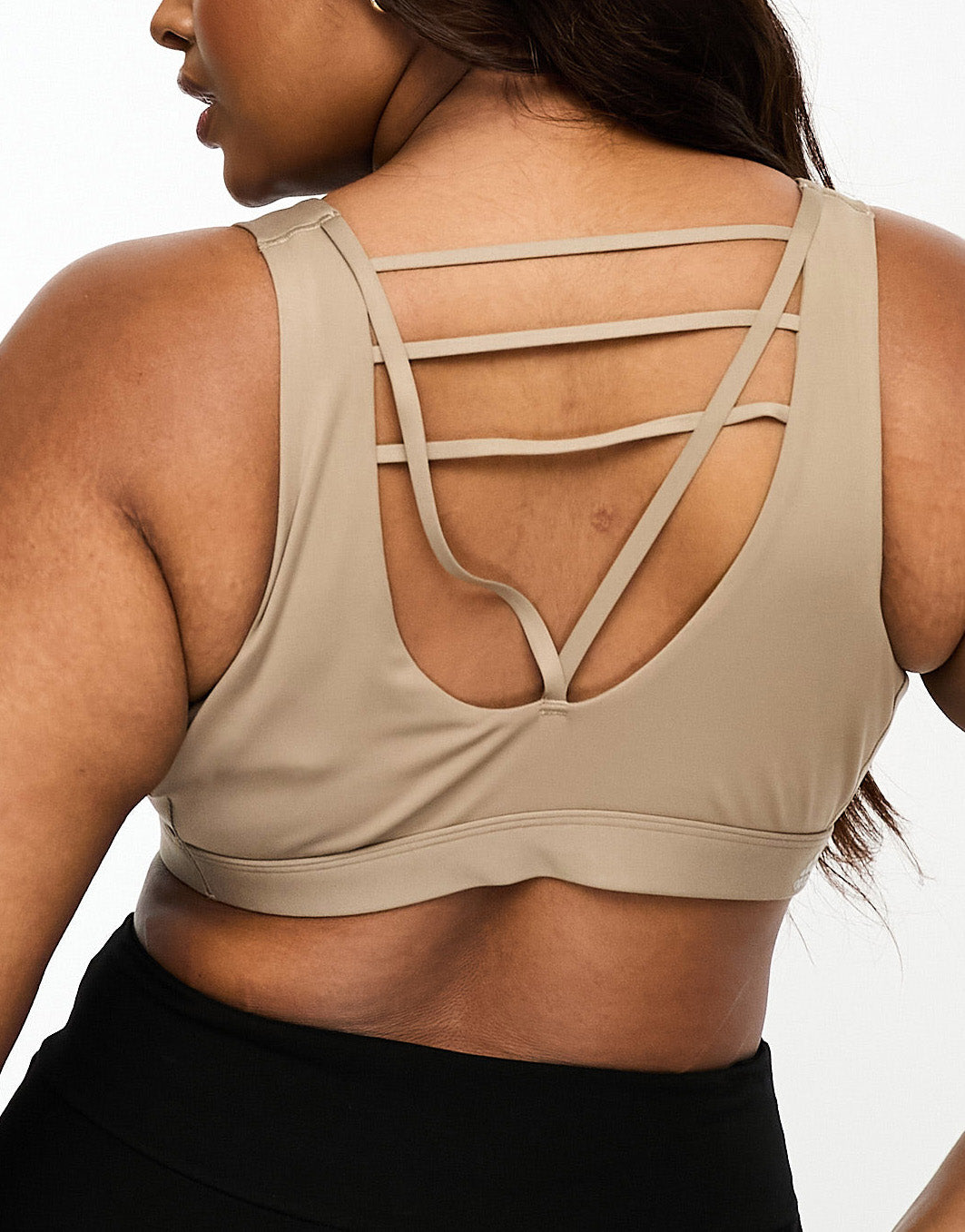 adidas Training Plus 3 stripe mid-support sports bra in beige