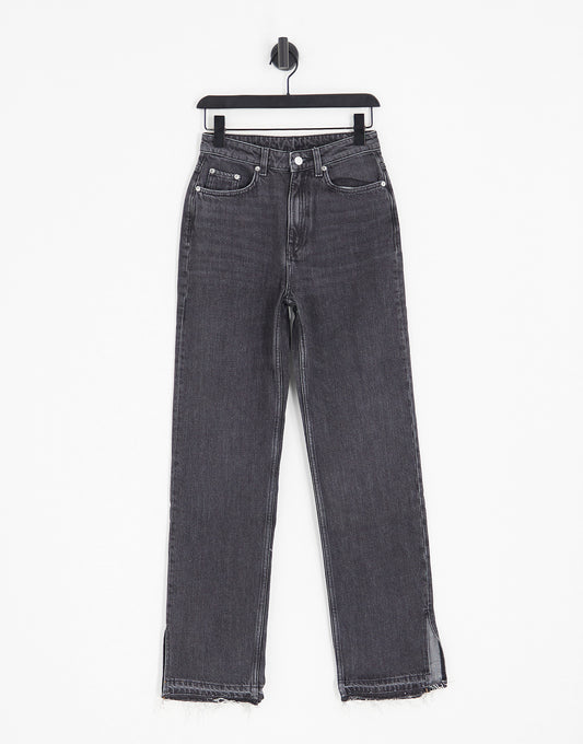 Weekday Rowe cotton straight leg split hem jeans in tar black - LBLUE