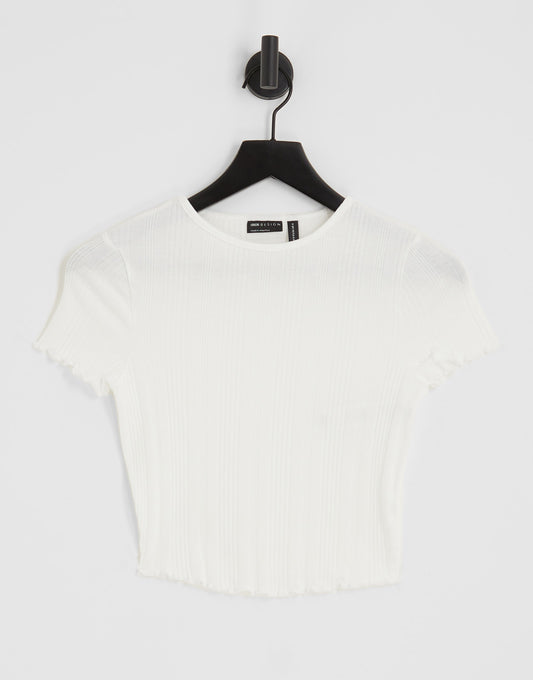 ASOS DESIGN Hourglass slim fit t-shirt with lettuce edge in mixed rib in white