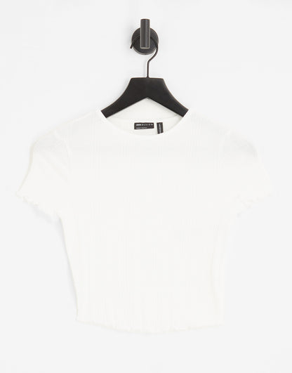 ASOS DESIGN Hourglass slim fit t-shirt with lettuce edge in mixed rib in white