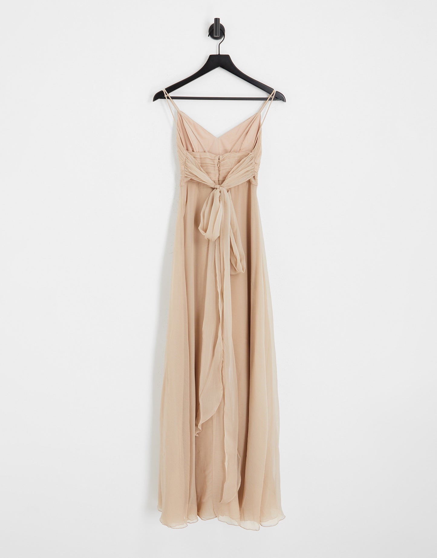 ASOS DESIGN Bridesmaid cami maxi dress with ruched bodice and tie waist in blush