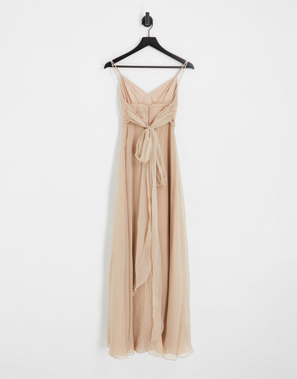 ASOS DESIGN Bridesmaid cami maxi dress with ruched bodice and tie waist in blush