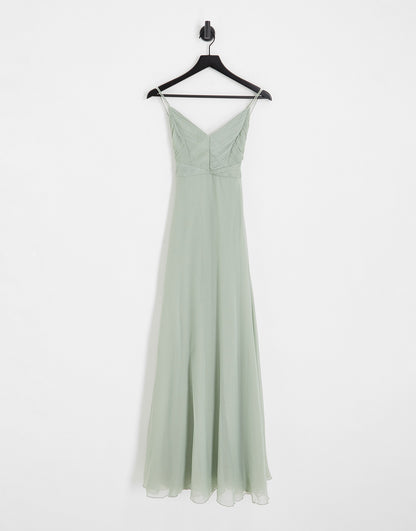 ASOS DESIGN Bridesmaid cami maxi dress with ruched bodice and tie waist in olive