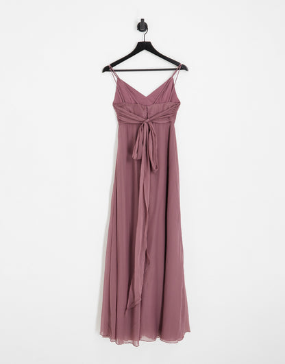 ASOS DESIGN Bridesmaid cami maxi dress with ruched bodice and tie waist in dusty mauve