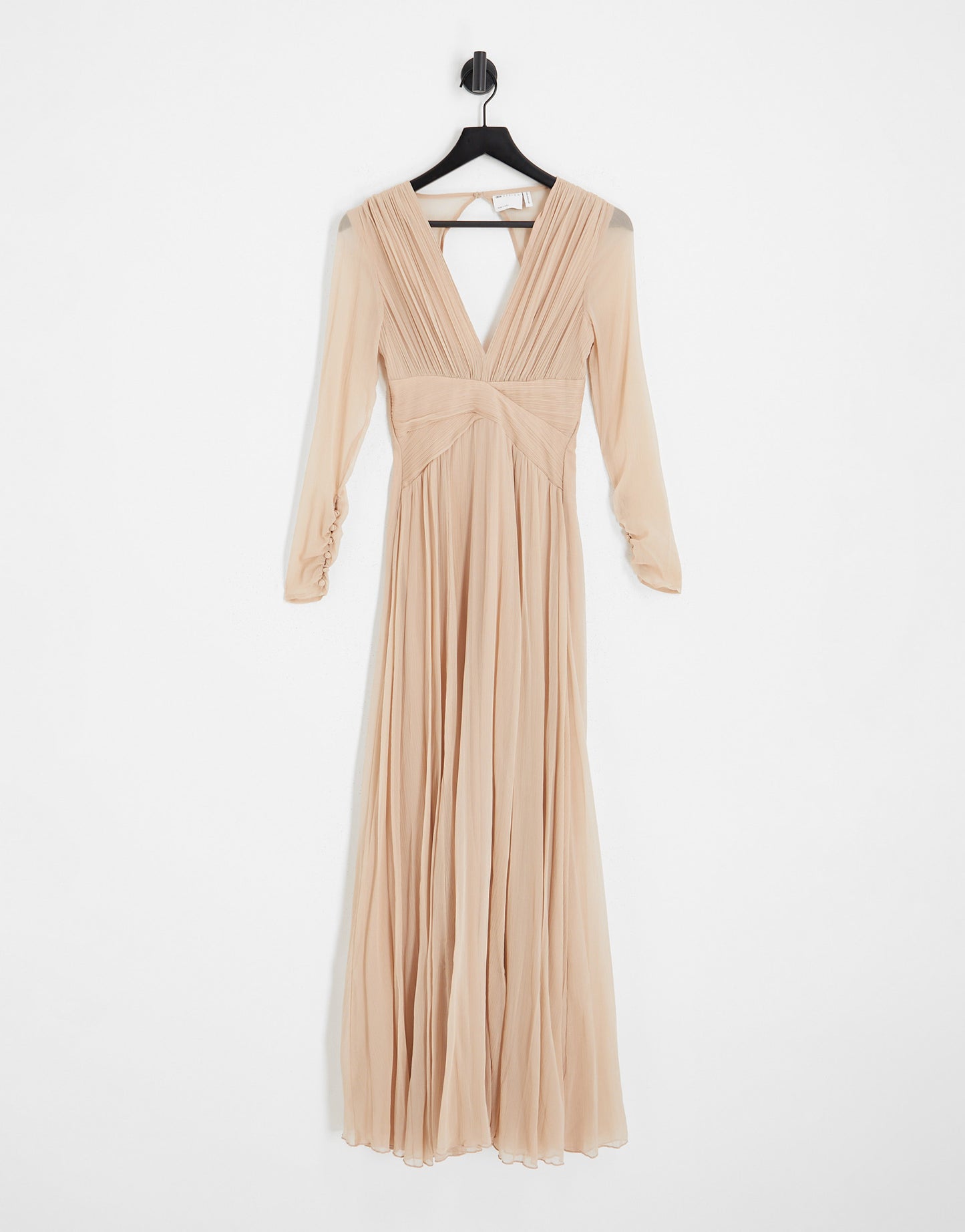 ASOS DESIGN Bridesmaid ruched waist maxi dress with long sleeves and pleat skirt in light pink